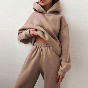 Brown Warm Hoodie Sweatshirts And Long Pant Fleece Two Piece Sets